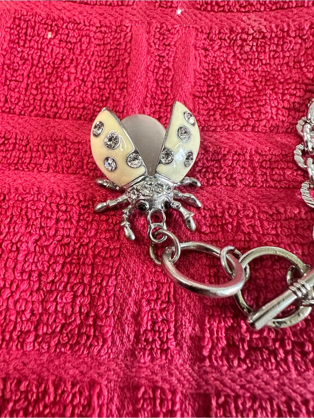 Crystal Ladybug Charm Bracelet - Silver and Cream Enamel
